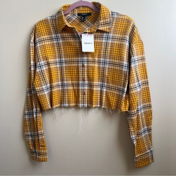 NWT Forever 21 Frayed & Cropped Yellow Long Sleeved flannel Shirt Size S - Picture 3 of 4